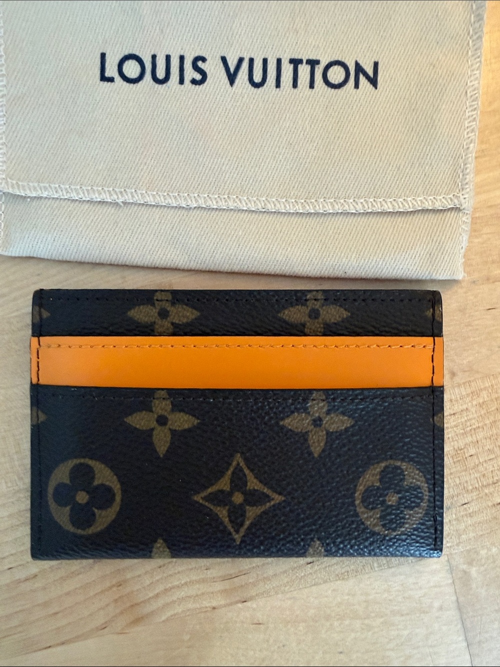 Louis Vuitton Monogram Card Holder in Brown with Orange Accent - NEW
